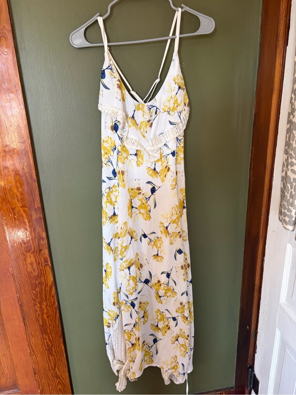 White Maxi Dress with Yellow Floral Print and Navy Accents
